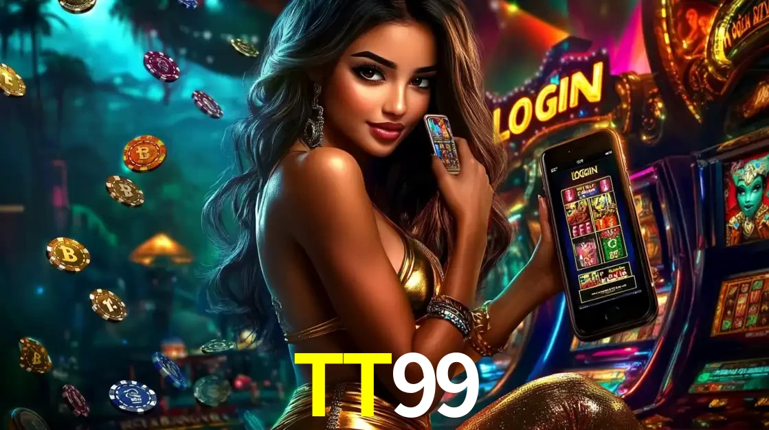 Mulher em um cenário de cassino temático de aventura, mostrando o app de caça-níqueis da TT99 no celular. Fichas de apostas flutuam ao redor.