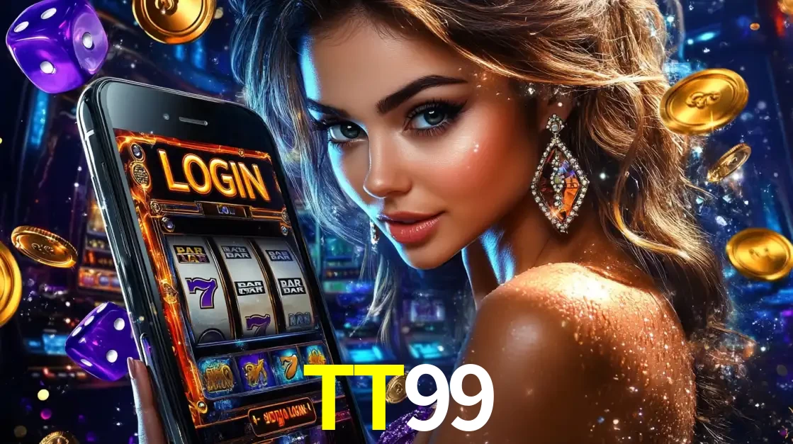 Mulher glamorosa segurando um smartphone com a tela de login para os jogos de caça-níqueis do cassino online TT99, com moedas de ouro e dados ao redor.
