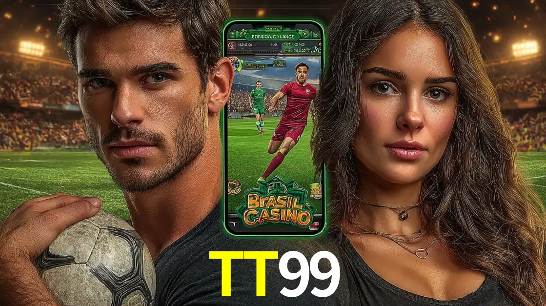 Homem segurando uma bola de futebol e uma mulher ao lado de um smartphone exibindo o jogo de apostas esportivas da TT99. Faça seu palpite no cassino online.
